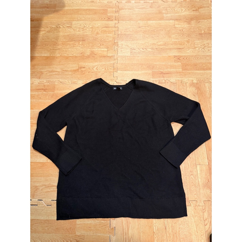 Athleta Black Merino Wool Blend Ribbed V-Neck Raglan Sweater Large